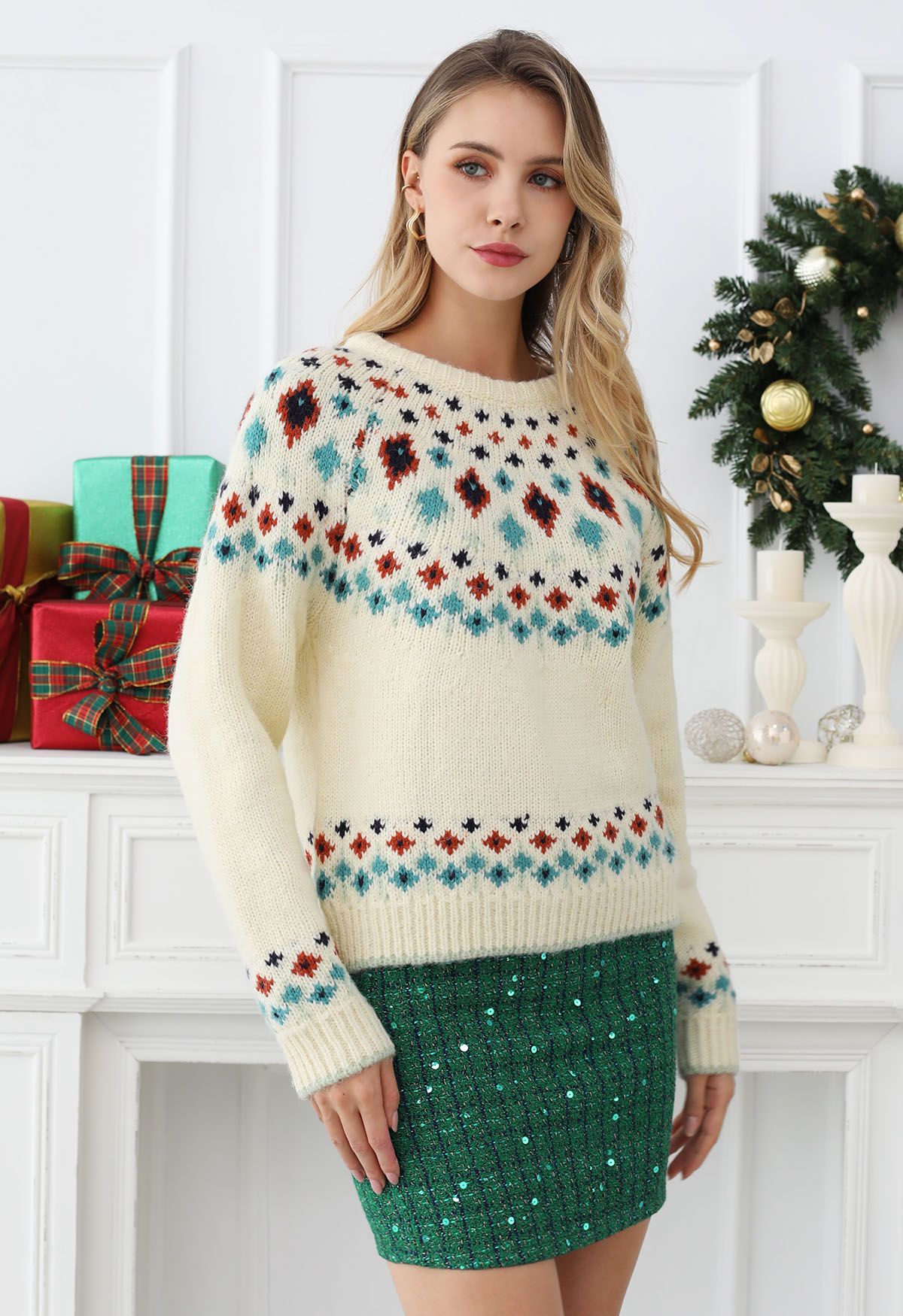 Snowflake Wonderland Fair Isle Strickpullover in Creme