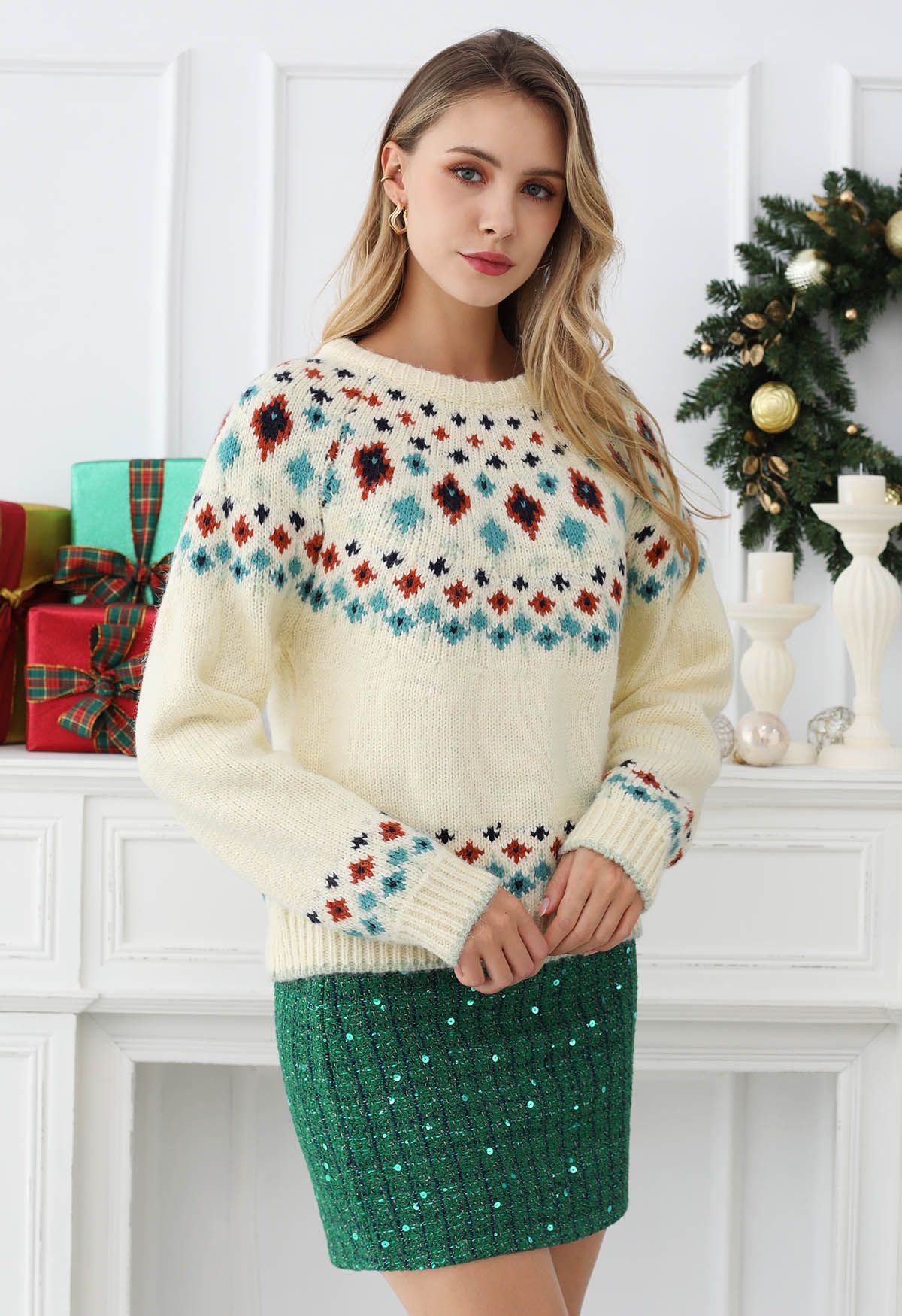 Snowflake Wonderland Fair Isle Strickpullover in Creme