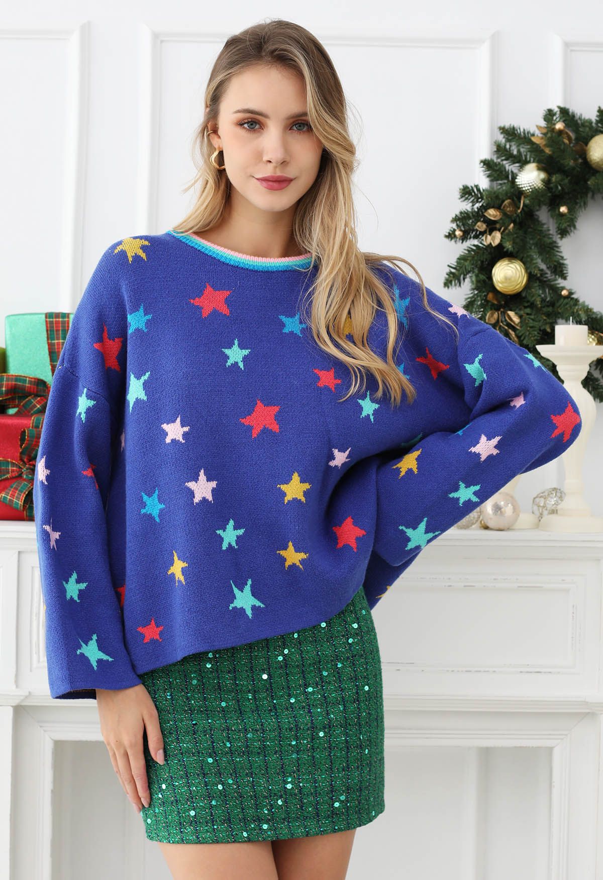 Cosmic Charm – Strickpullover mit Stern-Glockenärmeln in Königsblau