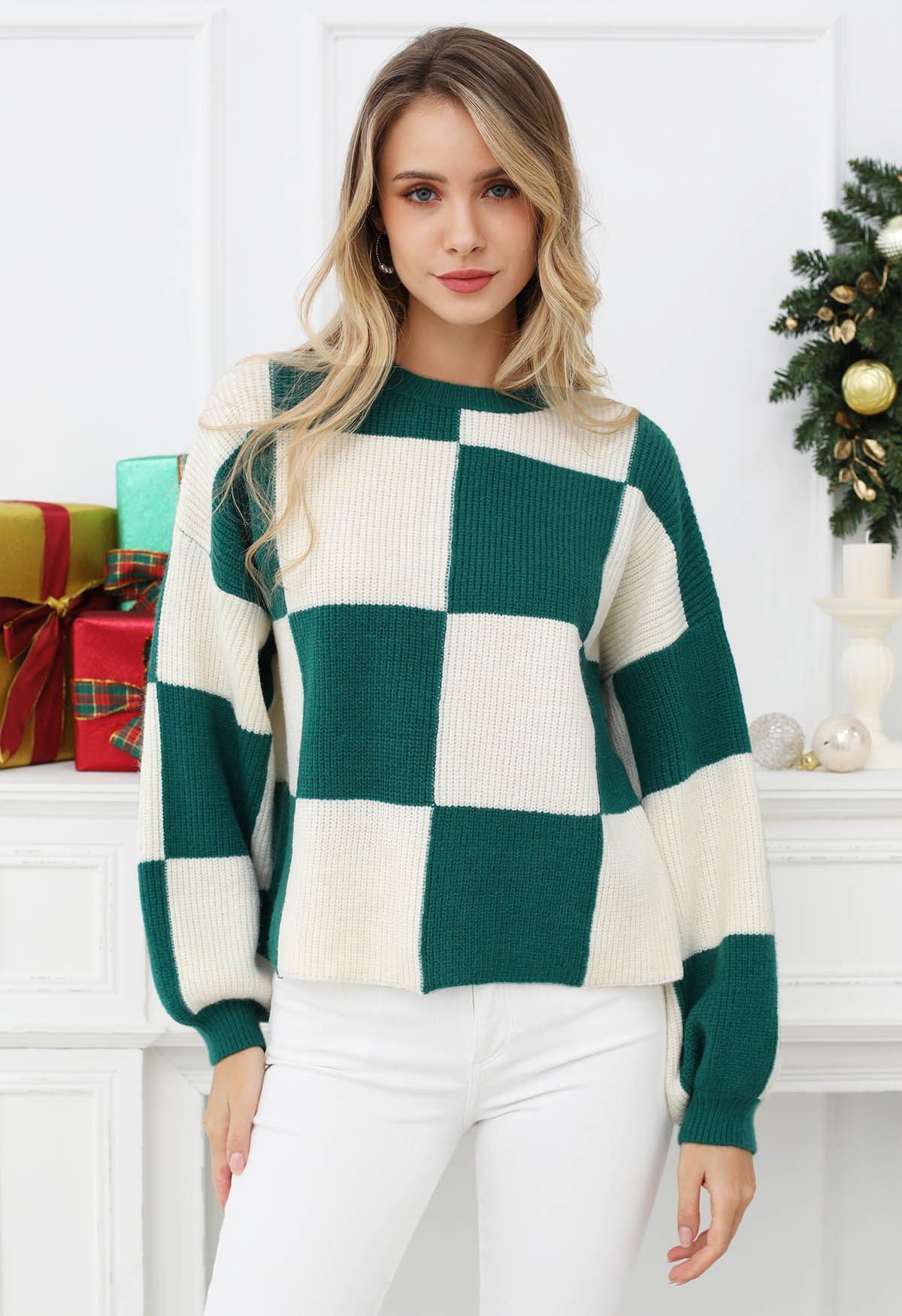 Merry Check Strickpullover mit überschnittenen Schultern