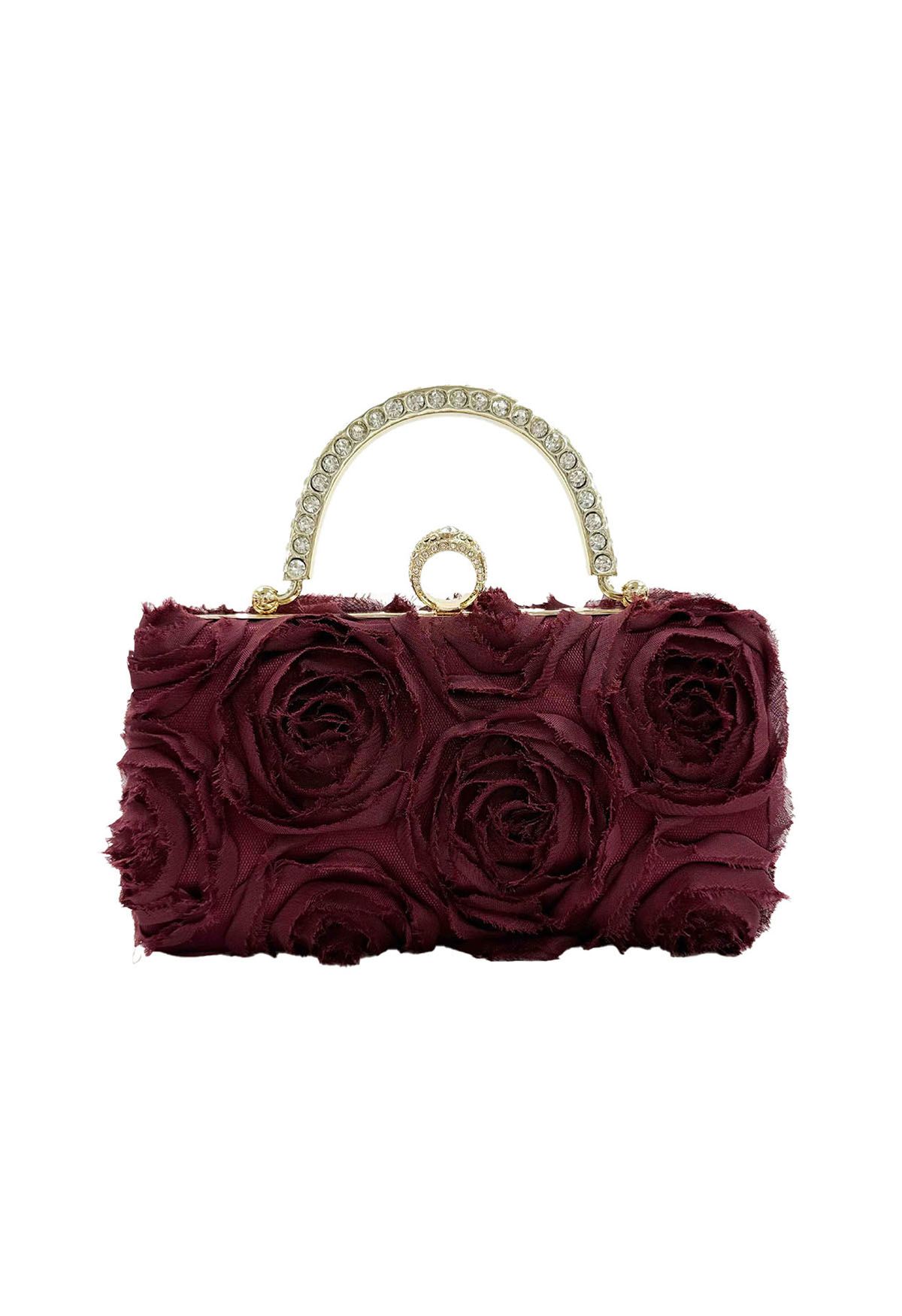 Opulent Rose Clutch mit Strass-Griff in Burgunderrot