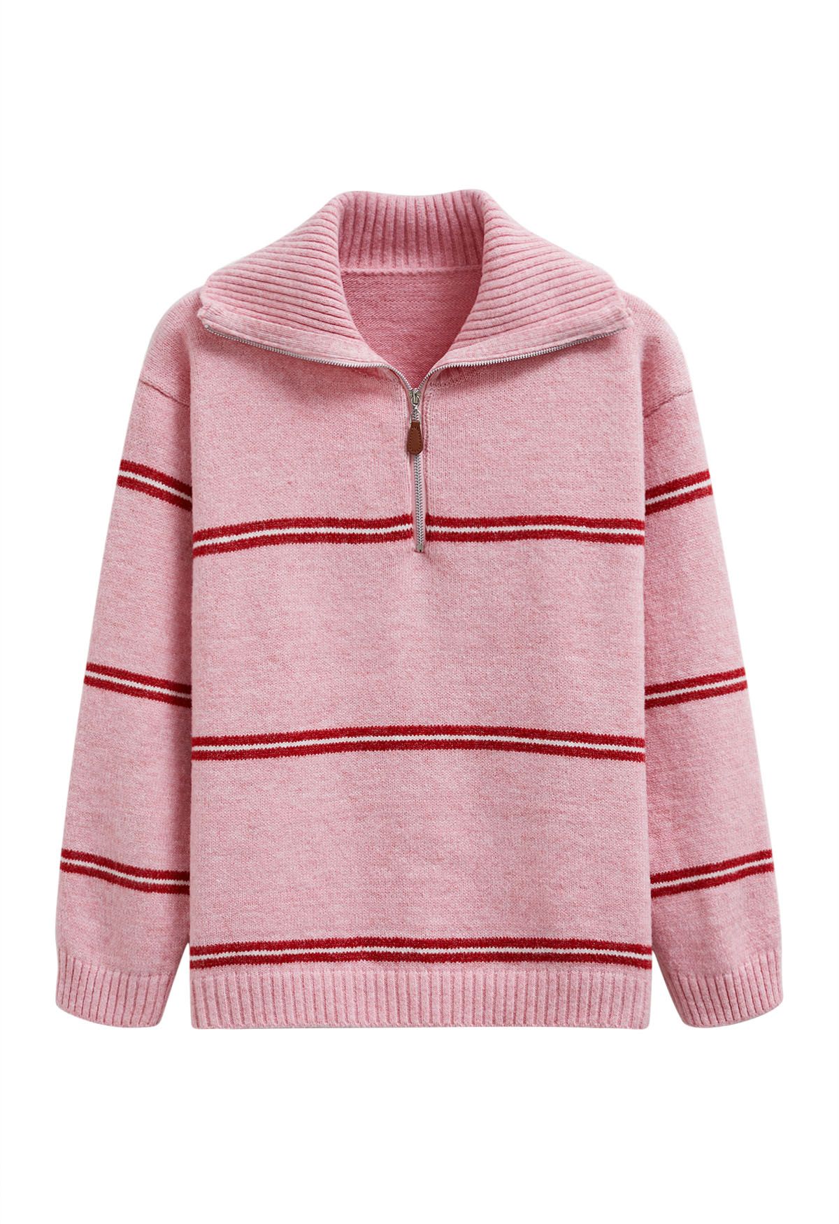 Sportlicher Strickpullover mit Streifen und halbem Reißverschlusskragen in Rosa