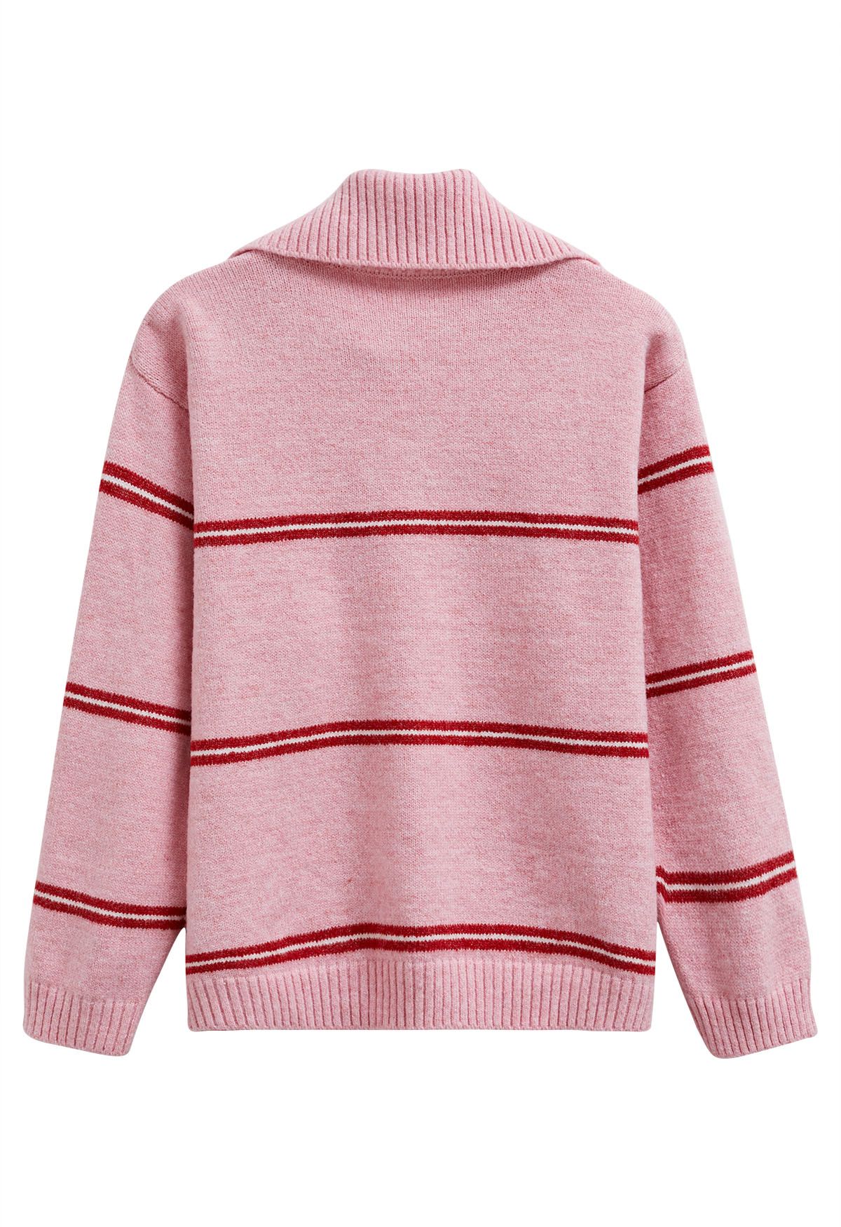 Sportlicher Strickpullover mit Streifen und halbem Reißverschlusskragen in Rosa