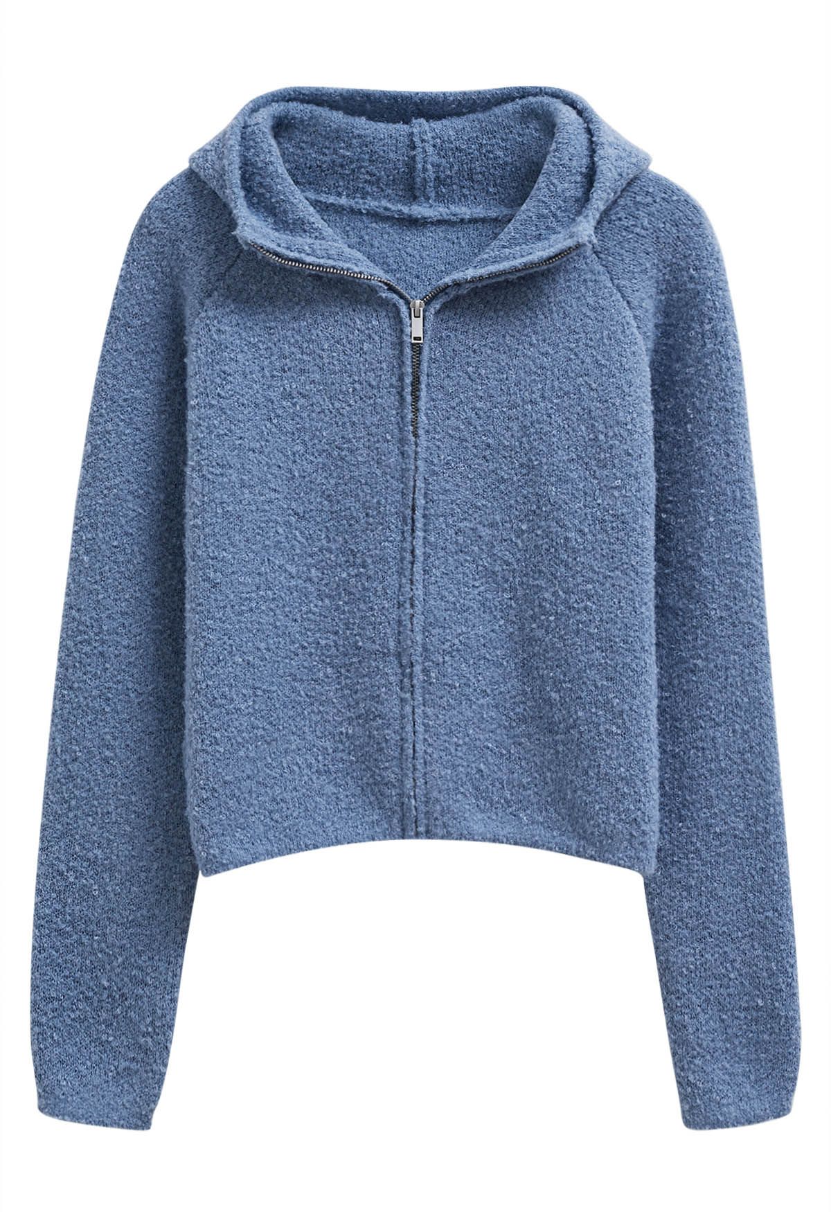 Winter Essentials – Strickjacke mit Kapuze und Reißverschluss in Blau