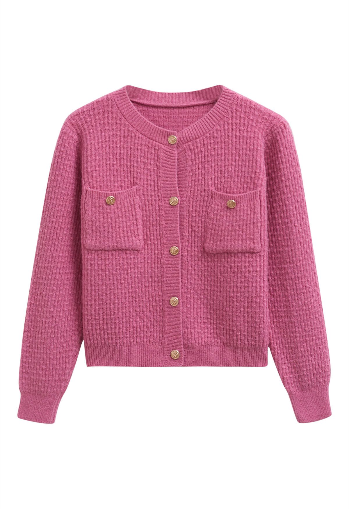 Strickjacke mit aufgesetzten Taschen und Knöpfen, geprägten Punkten in Rosa