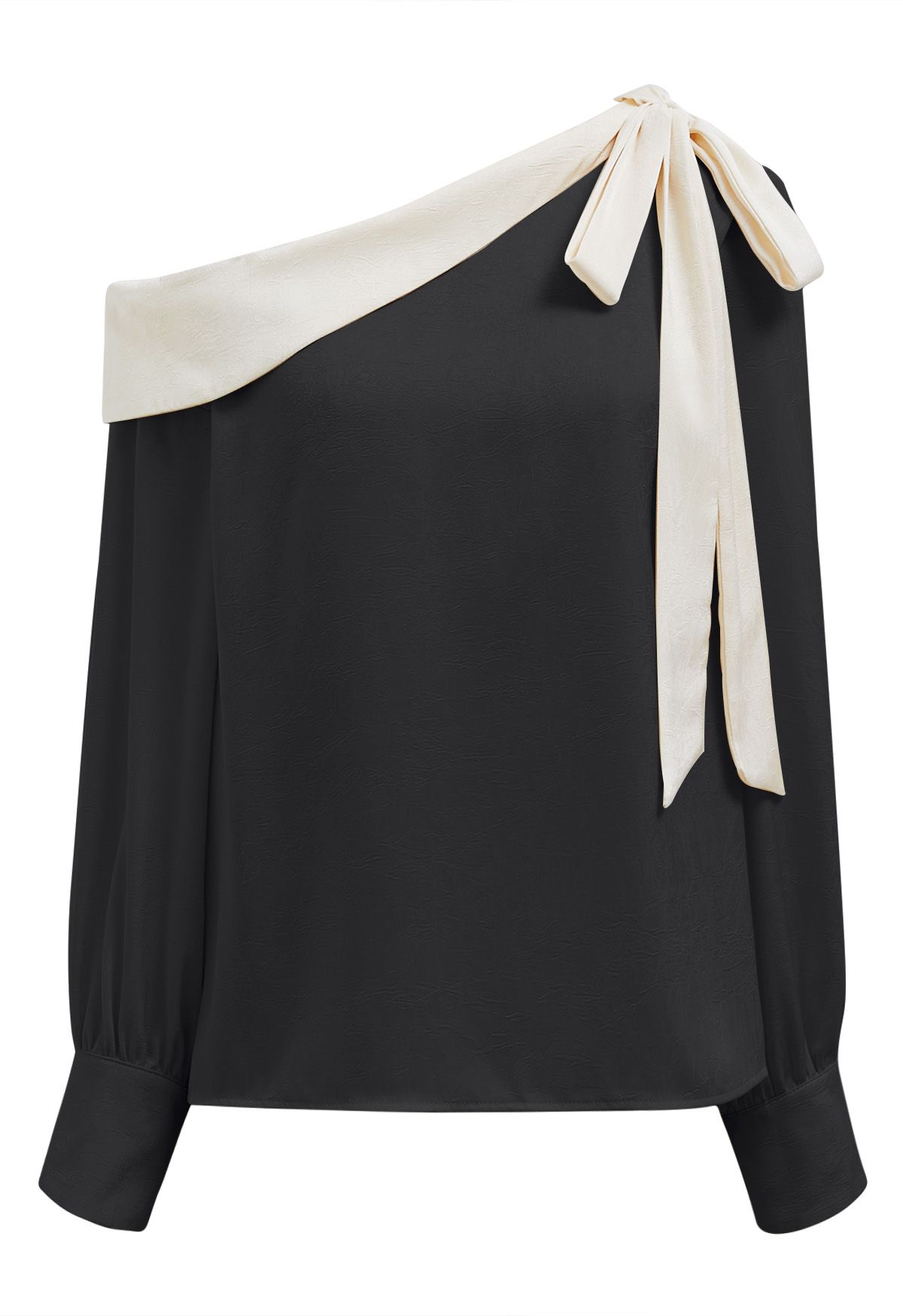 One-Shoulder-Satin-Top mit Schleife und kontrastierender Klappe in Schwarz