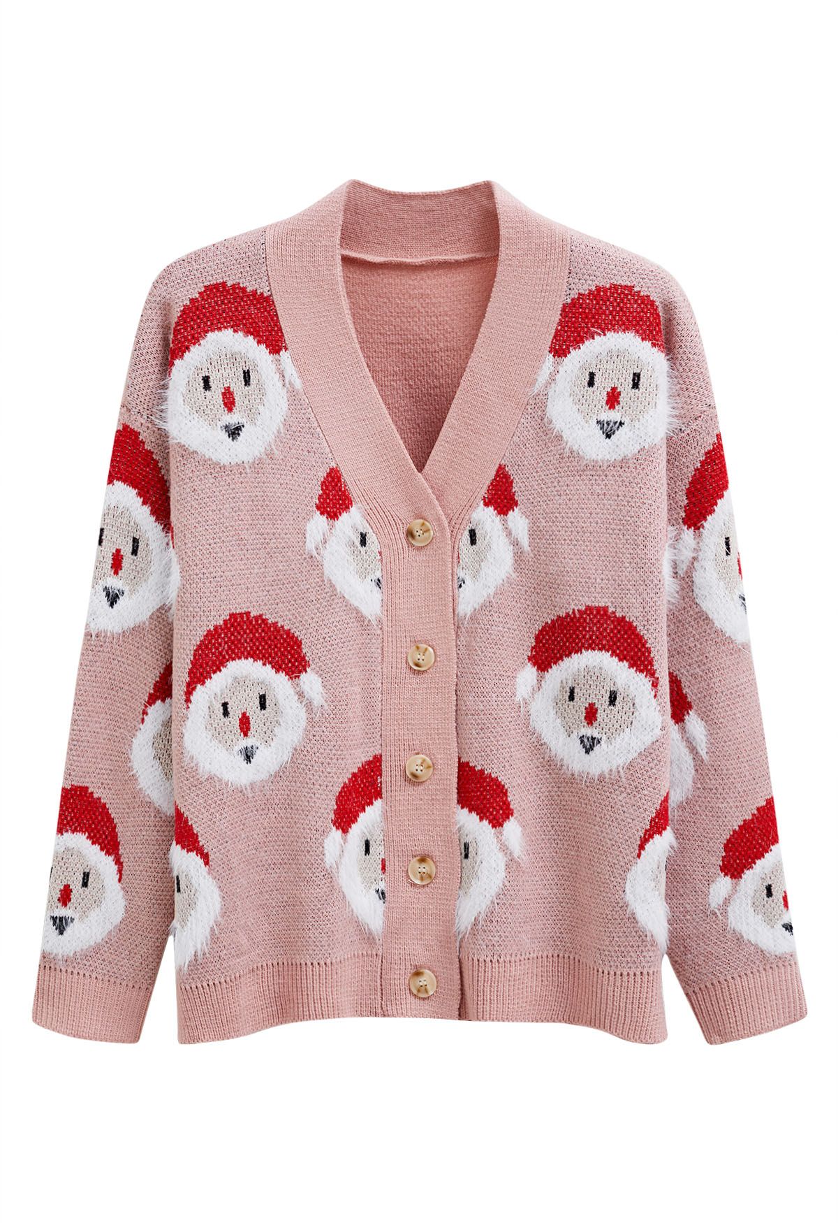 Flauschige Strickjacke mit Weihnachtsmann-Knopfleiste in Rosa