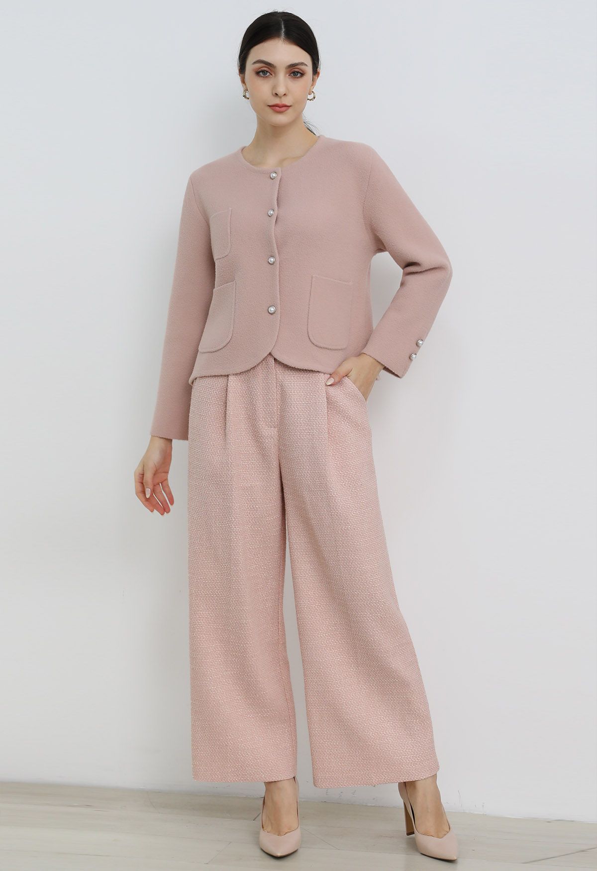 Stylische Tweed Falten Palazzo Hose in Pink