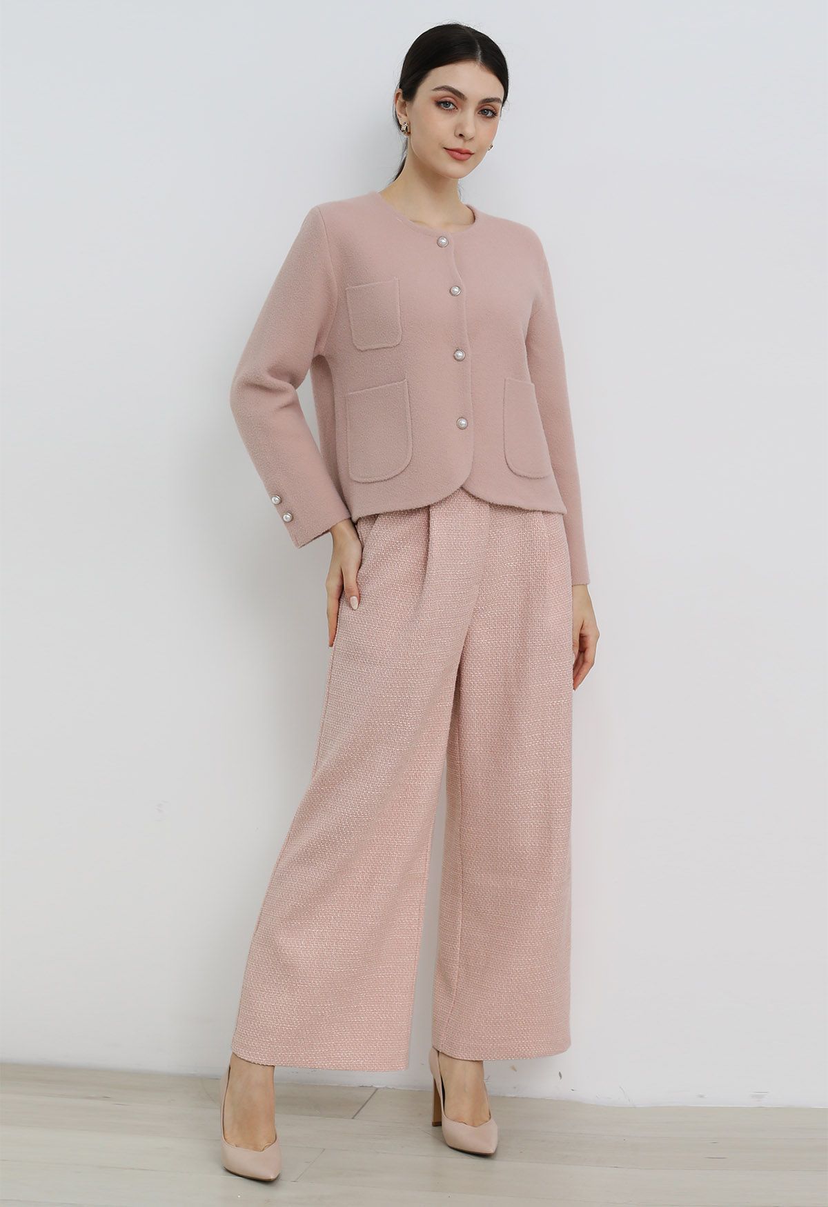 Stylische Tweed Falten Palazzo Hose in Pink