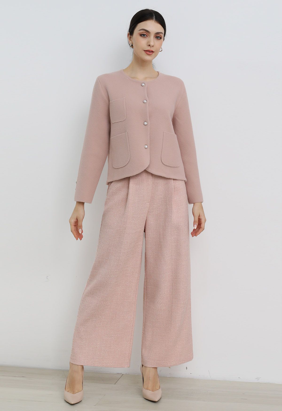 Stylische Tweed Falten Palazzo Hose in Pink