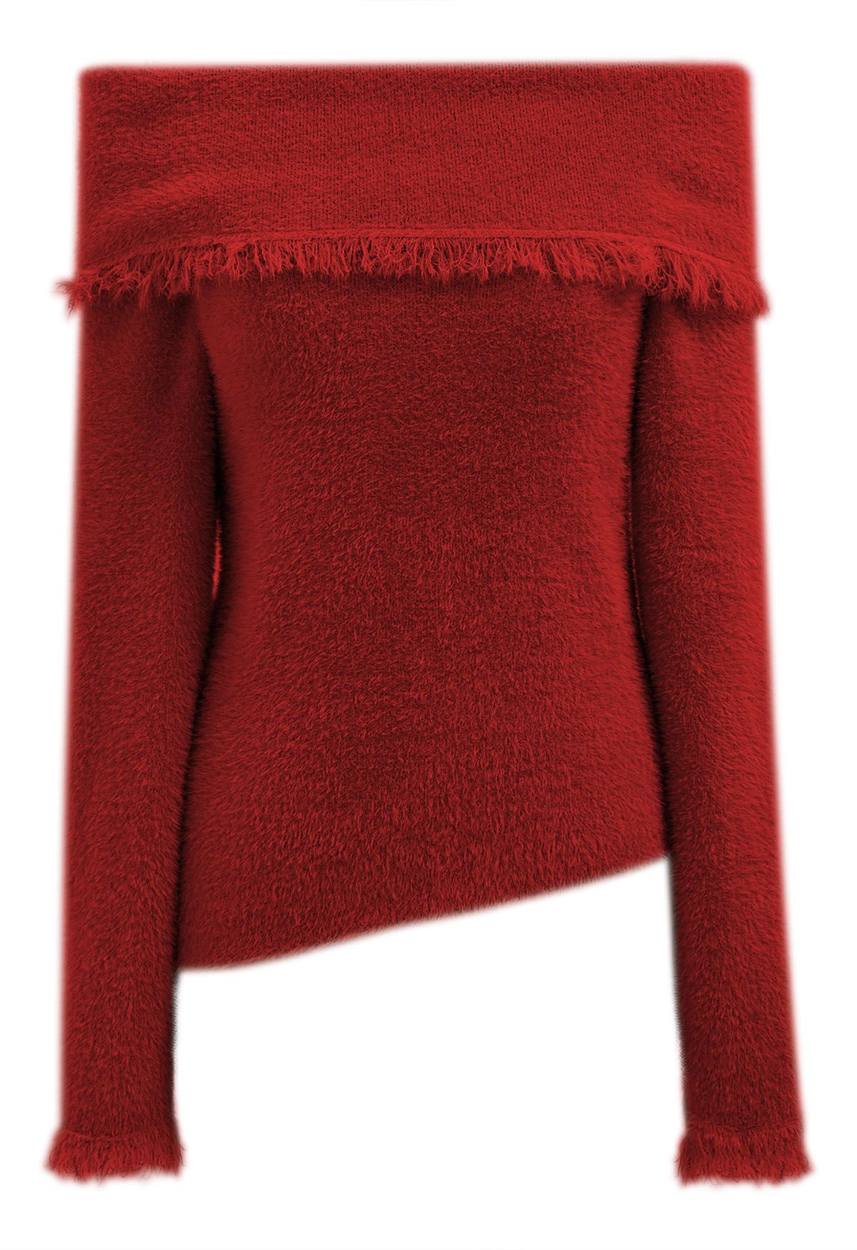 Off-Shoulder-Top aus flauschigem Strick mit Quastenfalten in Rot