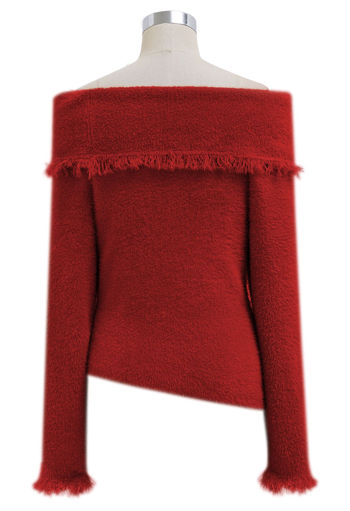 Off-Shoulder-Top aus flauschigem Strick mit Quastenfalten in Rot