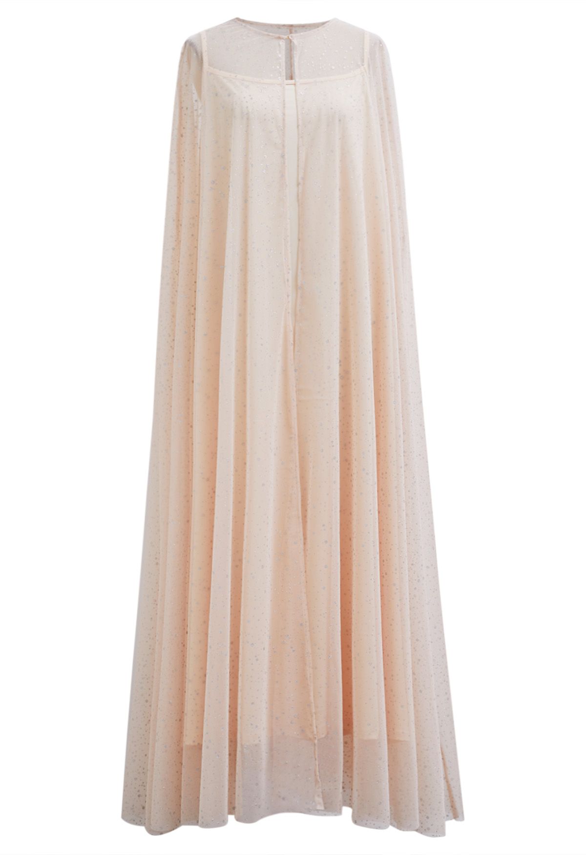 Glitzerndes Mesh-Maxi-Cape-Kleid in Apricot