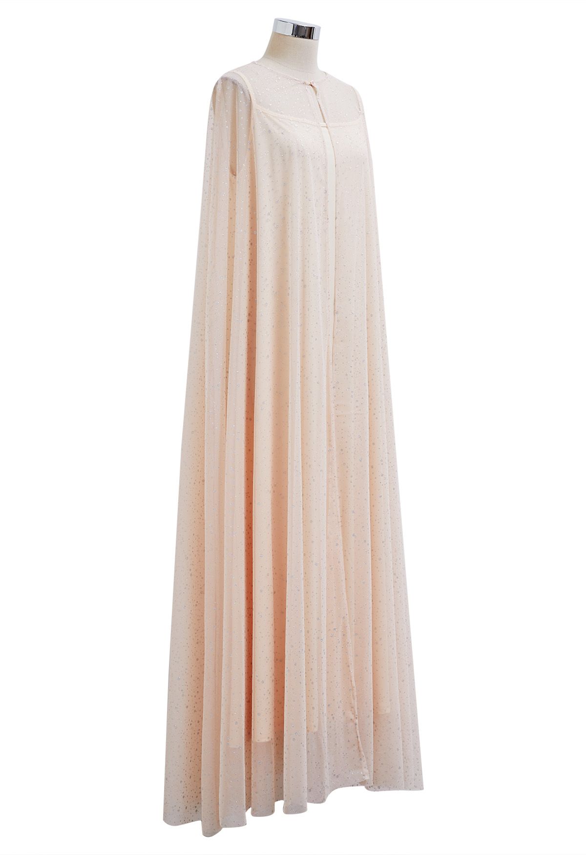 Glitzerndes Mesh-Maxi-Cape-Kleid in Apricot