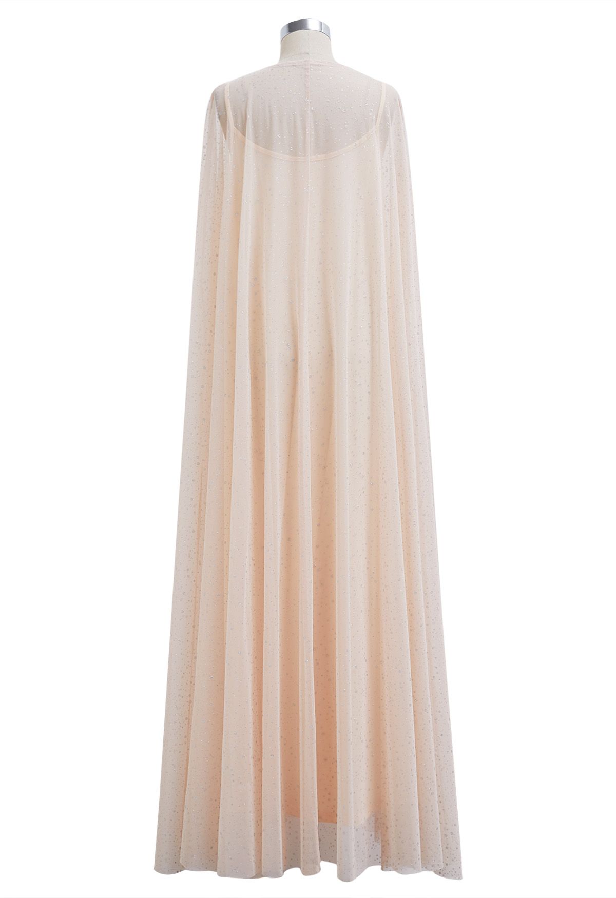 Glitzerndes Mesh-Maxi-Cape-Kleid in Apricot