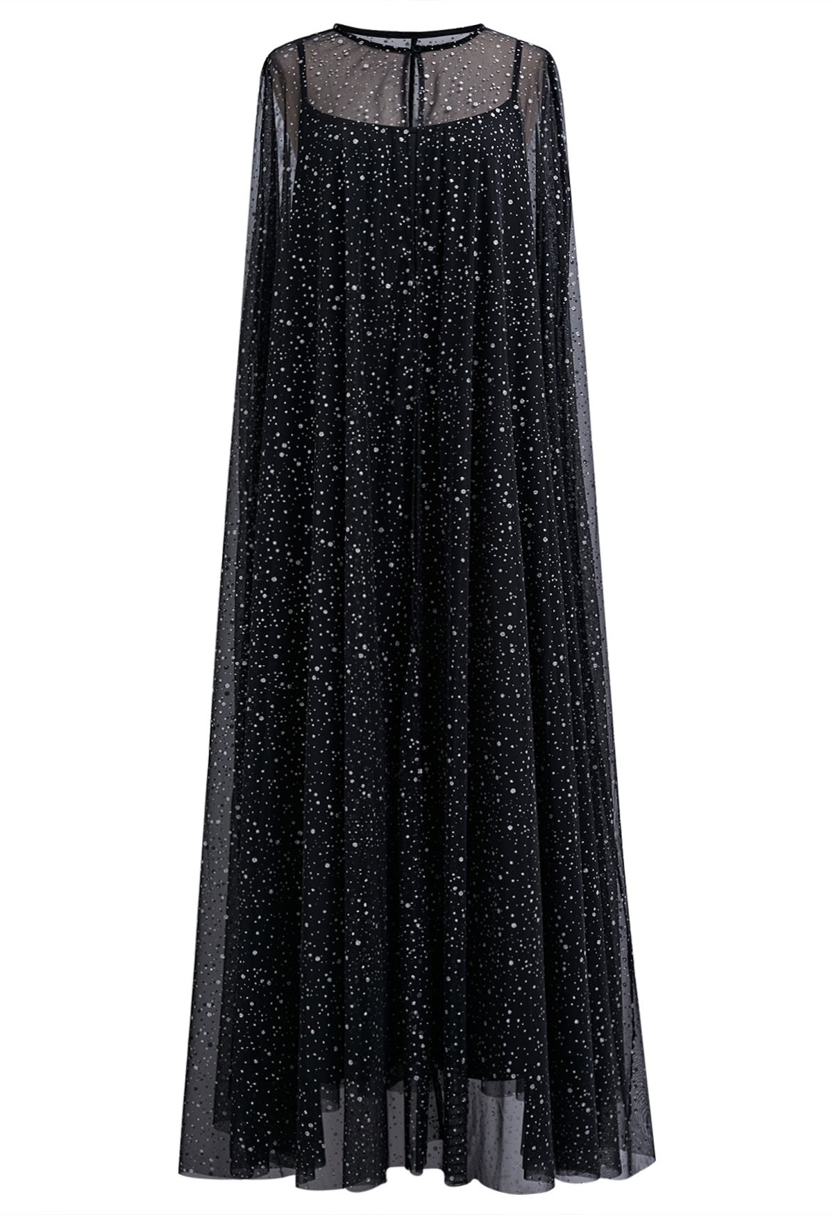 Glitzerndes Maxi-Cape-Kleid aus Netzstoff in Schwarz