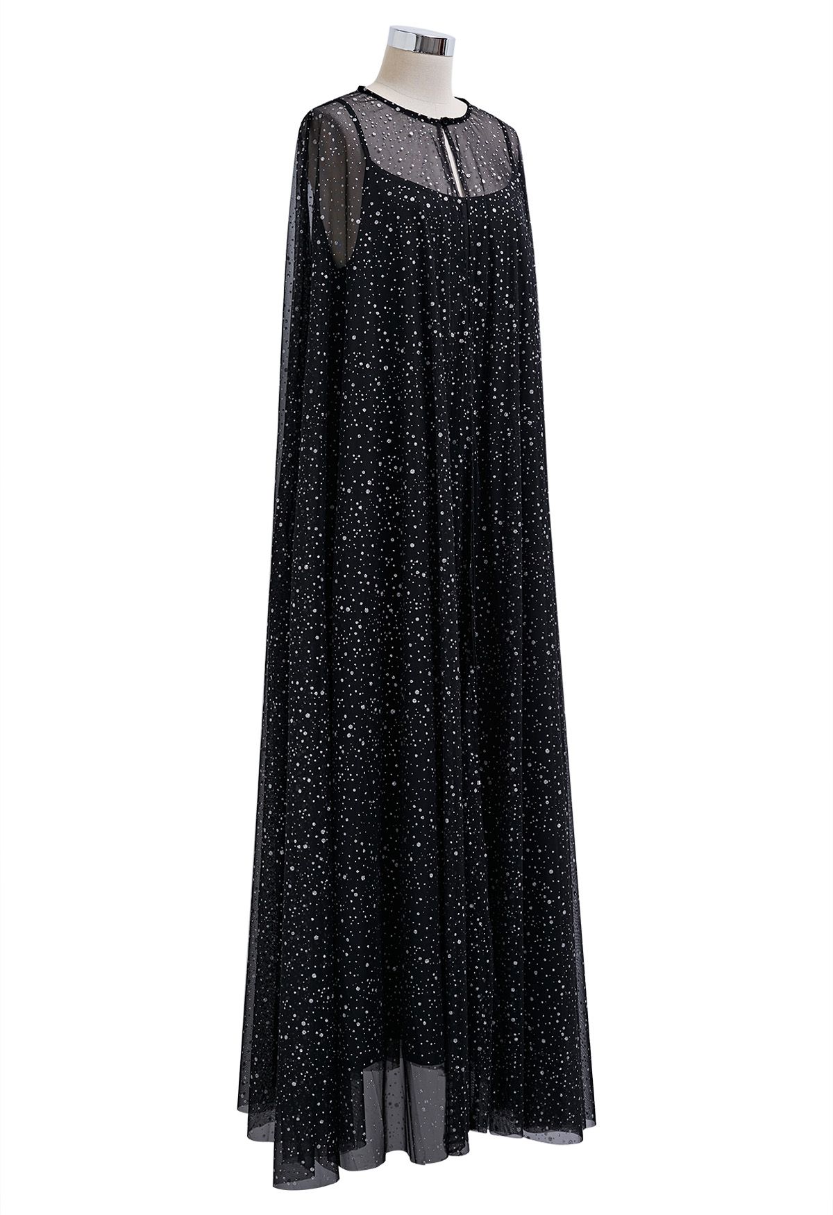 Glitzerndes Maxi-Cape-Kleid aus Netzstoff in Schwarz