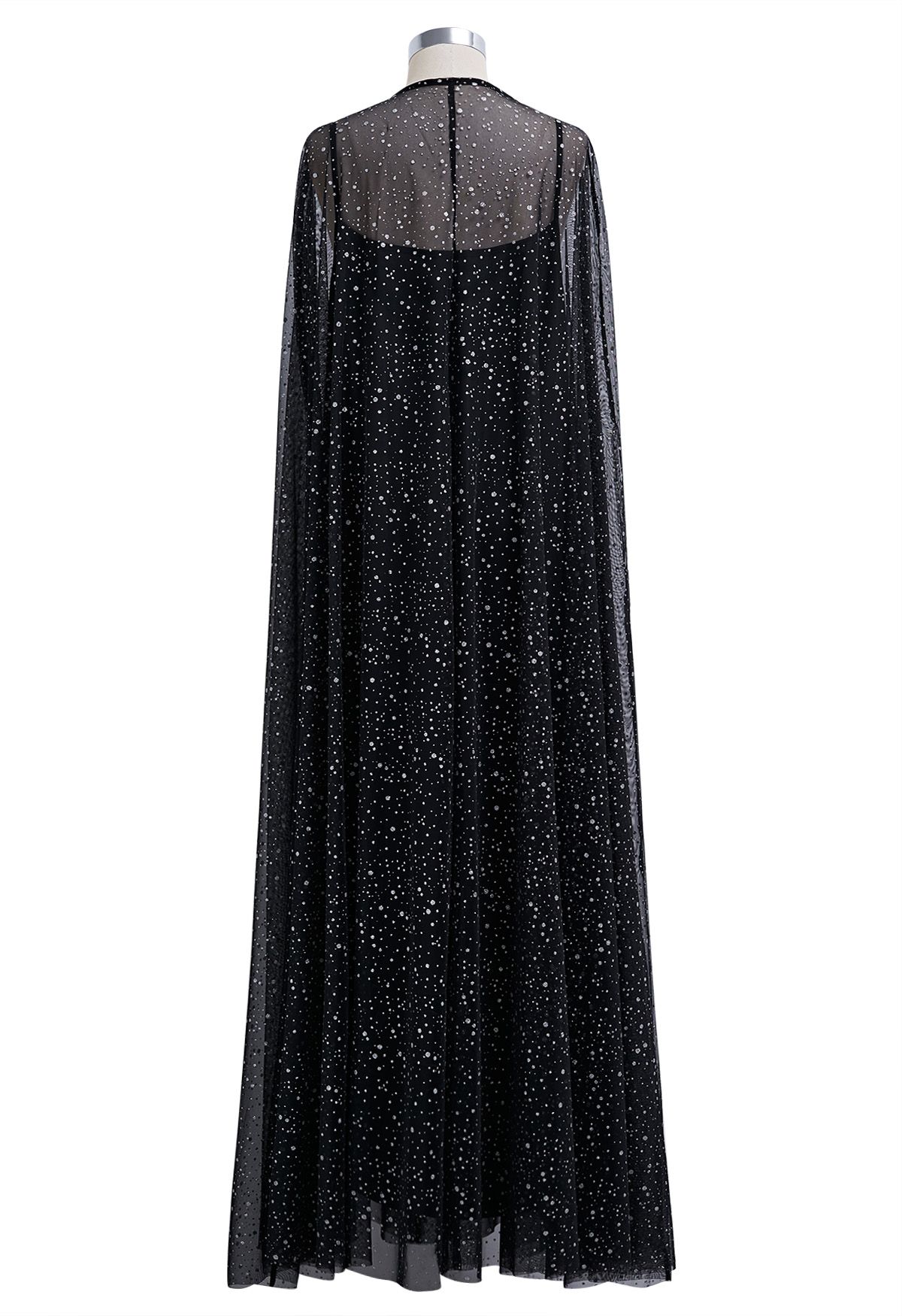 Glitzerndes Maxi-Cape-Kleid aus Netzstoff in Schwarz