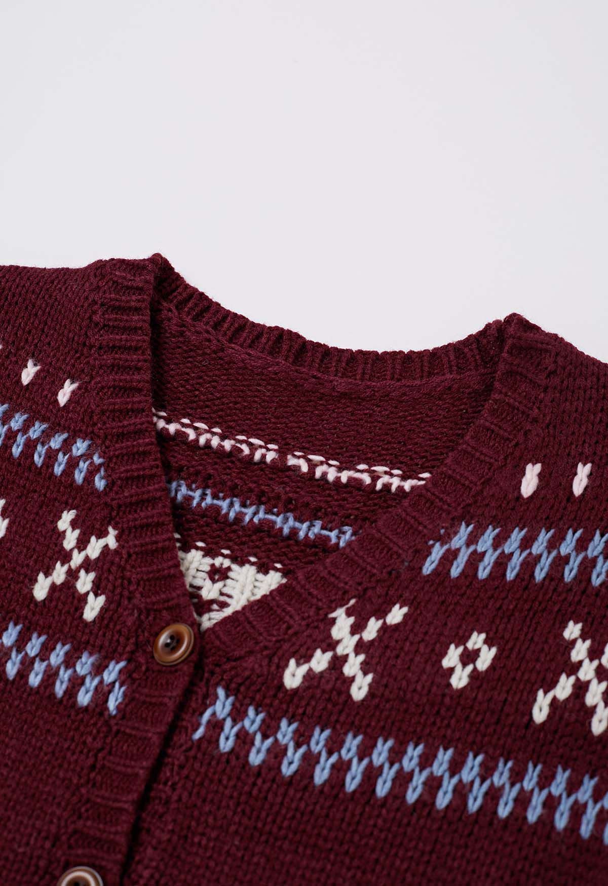 Gemütliche Fair Isle Button-Down-Strickjacke in Burgunderrot