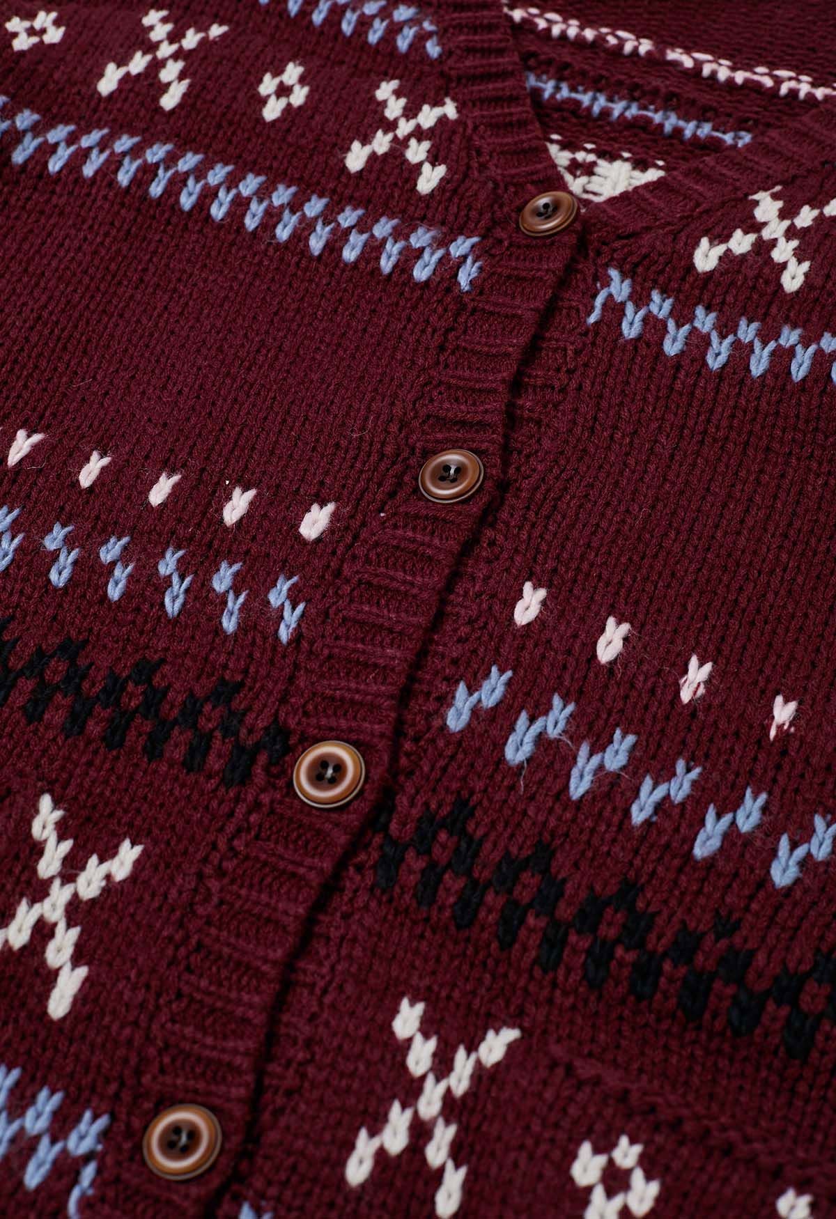 Gemütliche Fair Isle Button-Down-Strickjacke in Burgunderrot