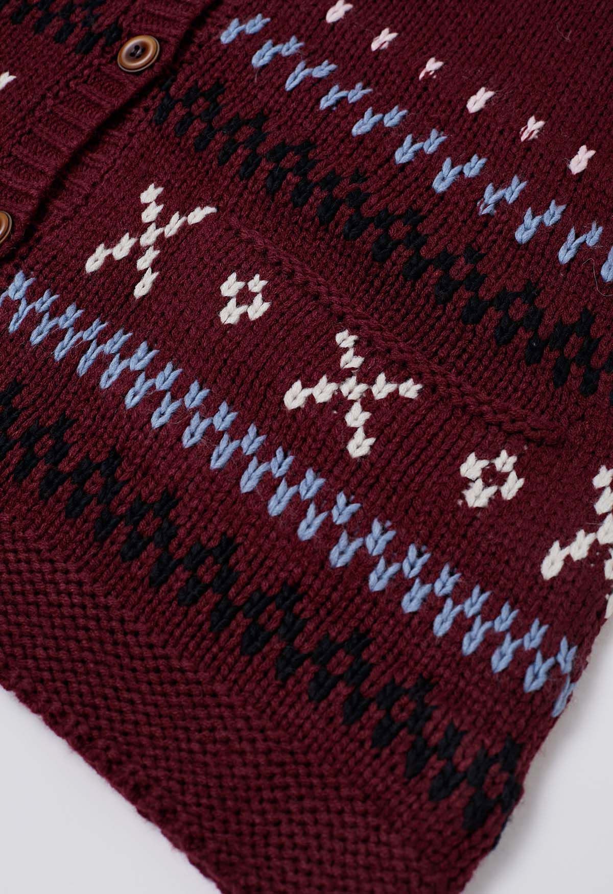 Gemütliche Fair Isle Button-Down-Strickjacke in Burgunderrot