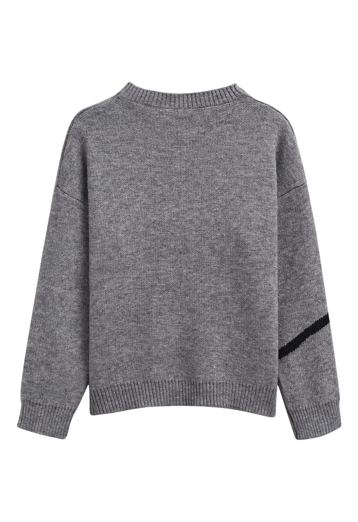 Bouclé-Strickpullover mit Schleife in Kontrastfarbe in Grau