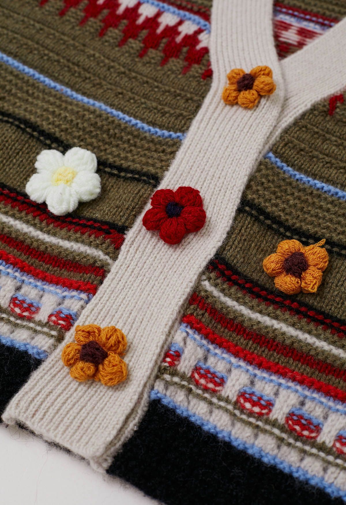 Stitch Flowers – Fair-Isle-Wolljacke in Armeegrün