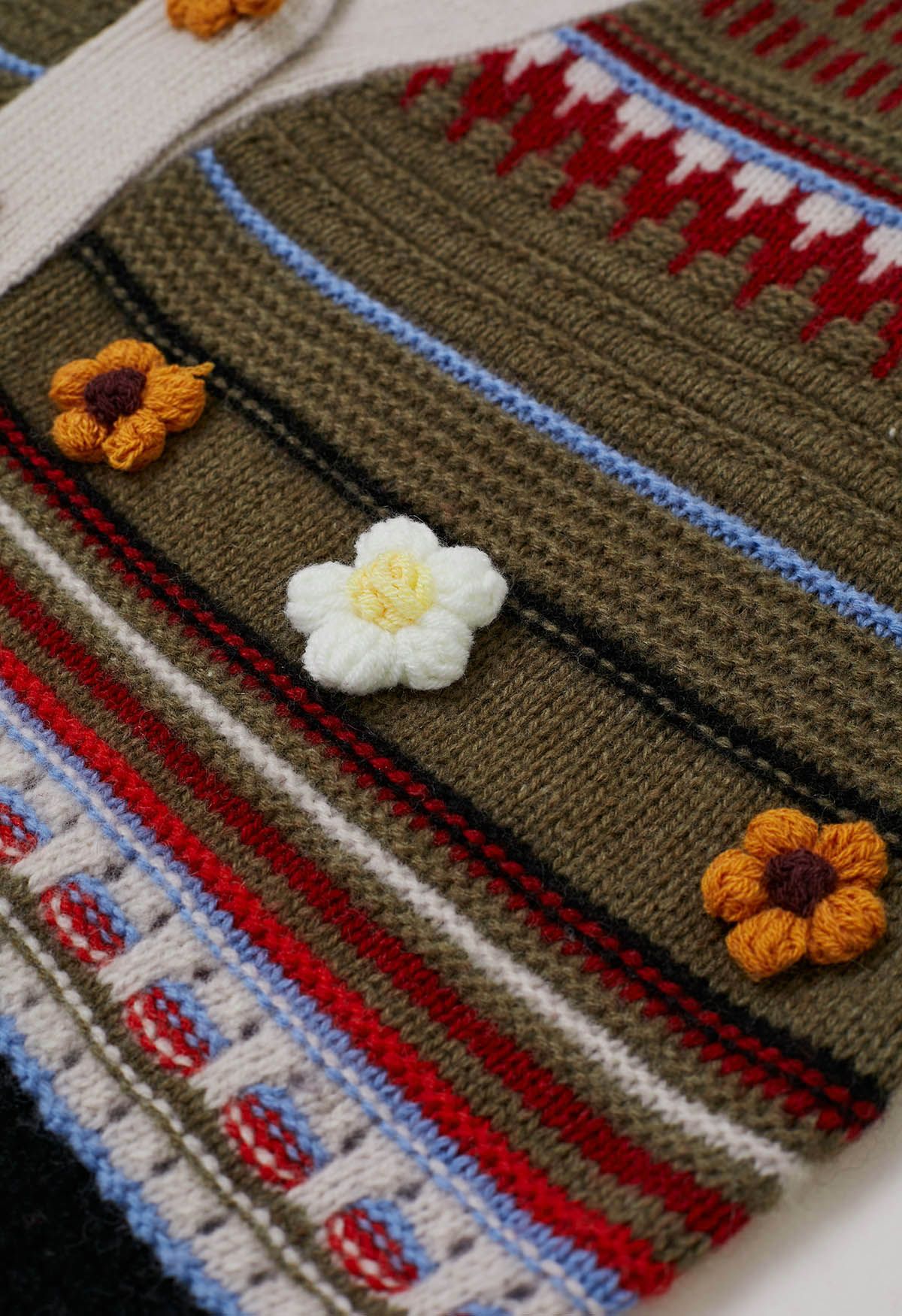 Stitch Flowers – Fair-Isle-Wolljacke in Armeegrün