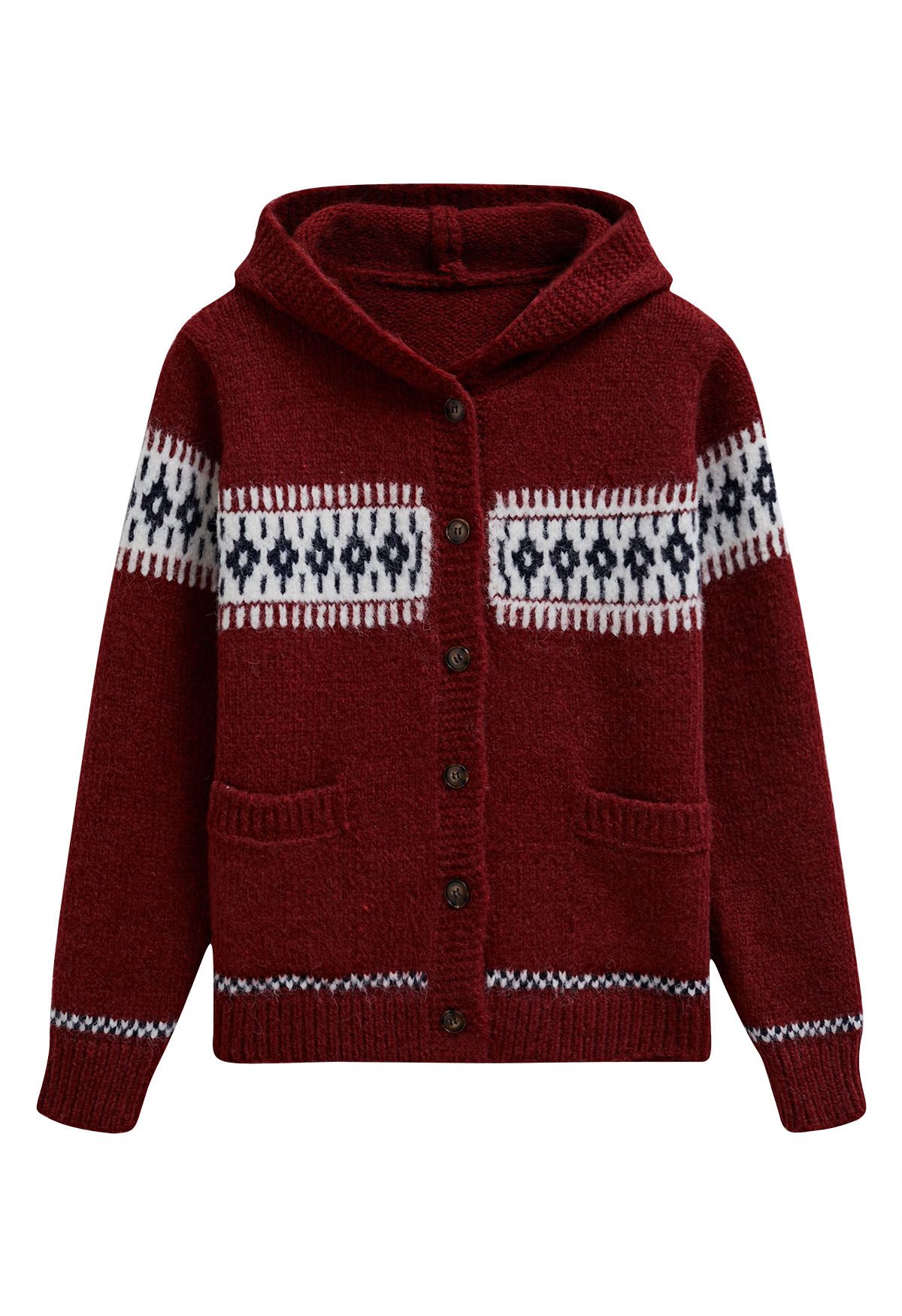 Kontrastierender Fair-Isle-Strickcardigan mit Knopfleiste und Kapuze in Rot