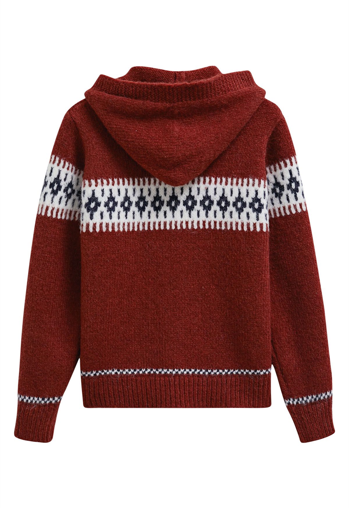 Kontrastierender Fair-Isle-Strickcardigan mit Knopfleiste und Kapuze in Rot