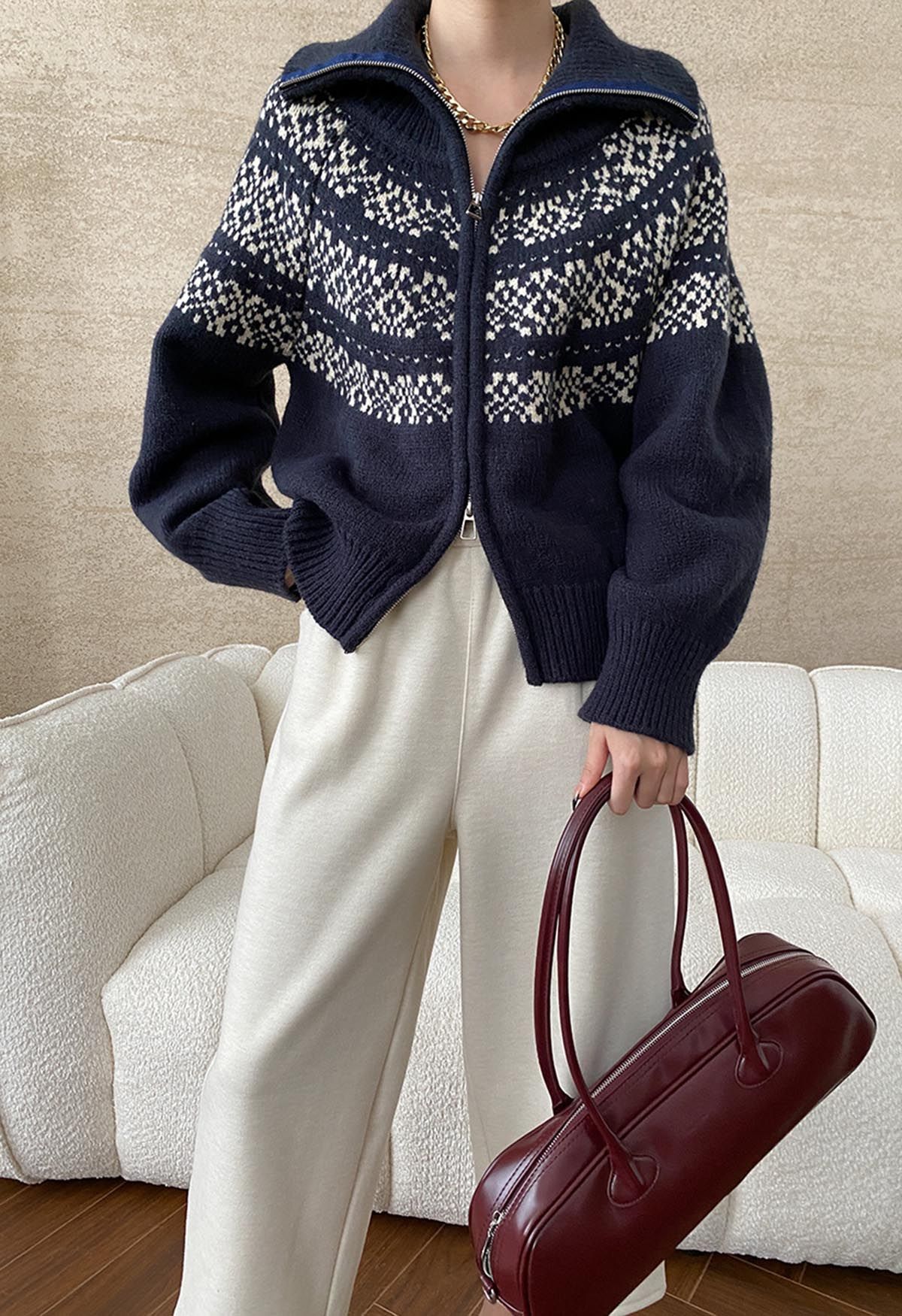 Fair Isle Jacquard-Strickjacke mit Doppelreißverschluss in Marine