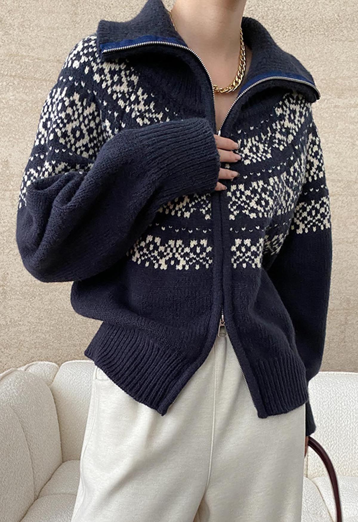 Fair Isle Jacquard-Strickjacke mit Doppelreißverschluss in Marine