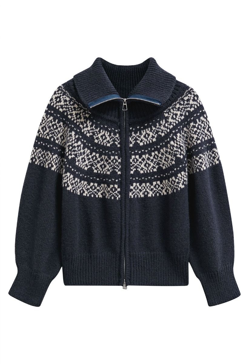 Fair Isle Jacquard-Strickjacke mit Doppelreißverschluss in Marine