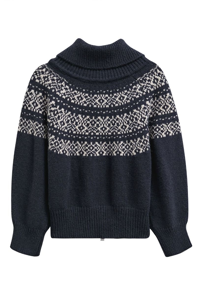 Fair Isle Jacquard-Strickjacke mit Doppelreißverschluss in Marine