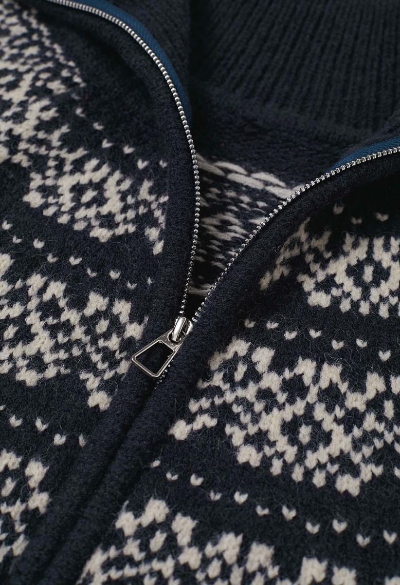 Fair Isle Jacquard-Strickjacke mit Doppelreißverschluss in Marine