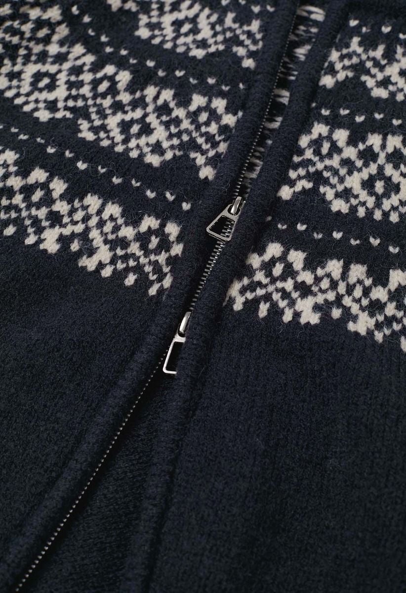 Fair Isle Jacquard-Strickjacke mit Doppelreißverschluss in Marine