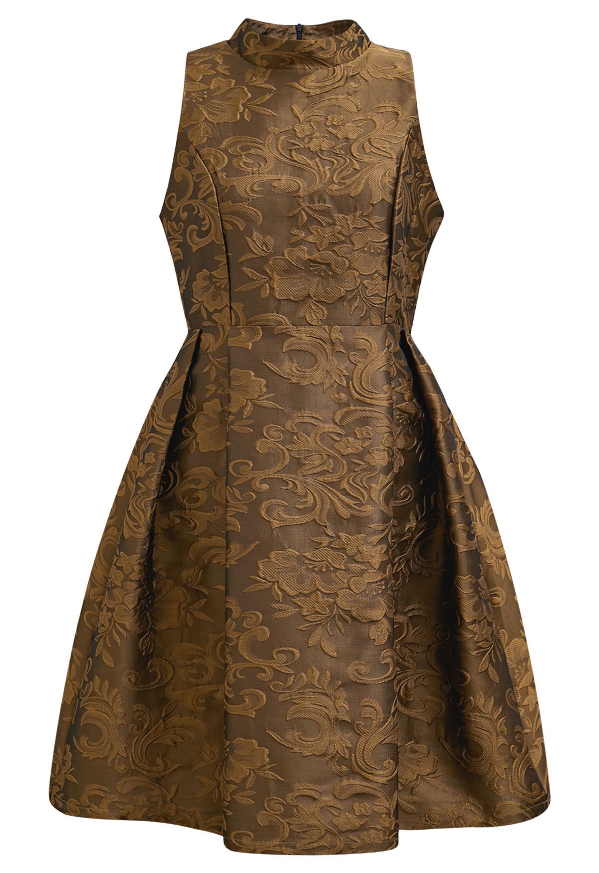 Prächtiges ärmelloses Jacquard-Kleid mit Blumenmuster in Bronze