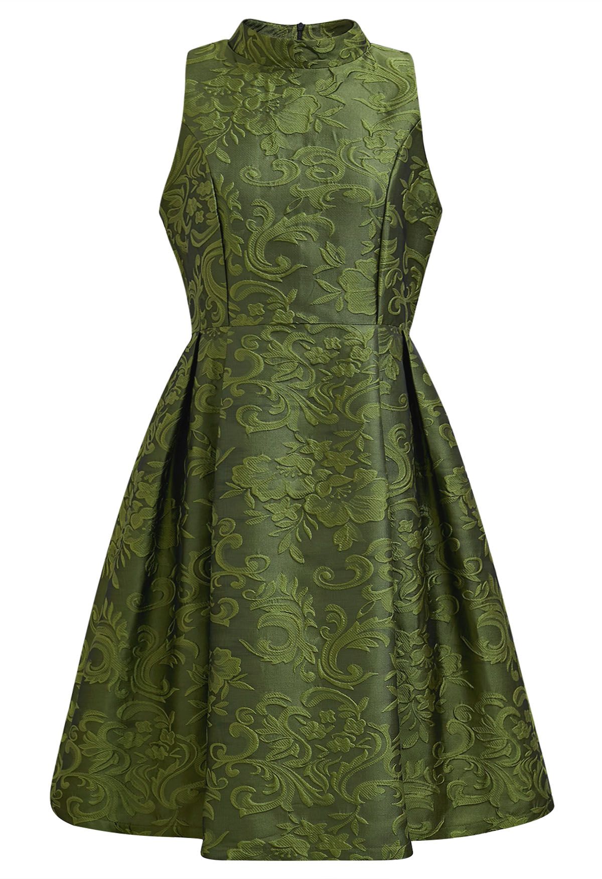 Wunderschönes ärmelloses Jacquard-Kleid mit Blumenmuster in Grün