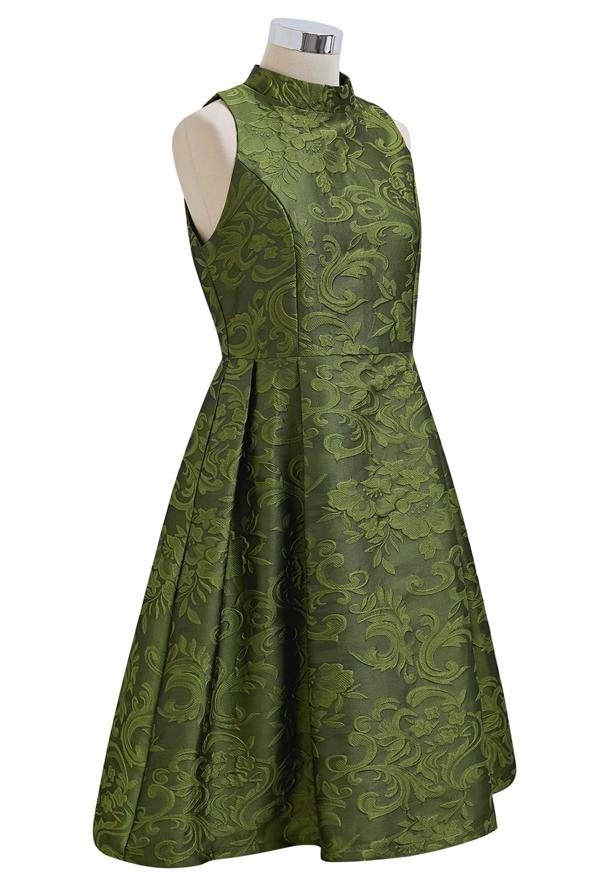 Wunderschönes ärmelloses Jacquard-Kleid mit Blumenmuster in Grün