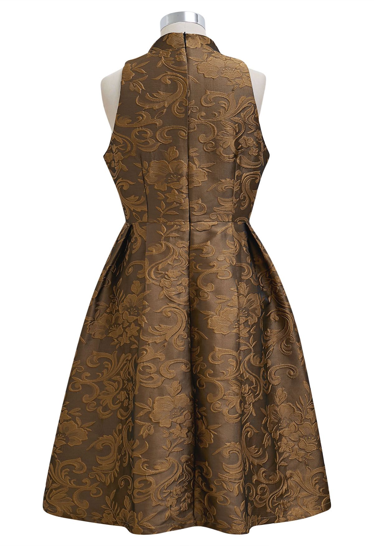 Prächtiges ärmelloses Jacquard-Kleid mit Blumenmuster in Bronze