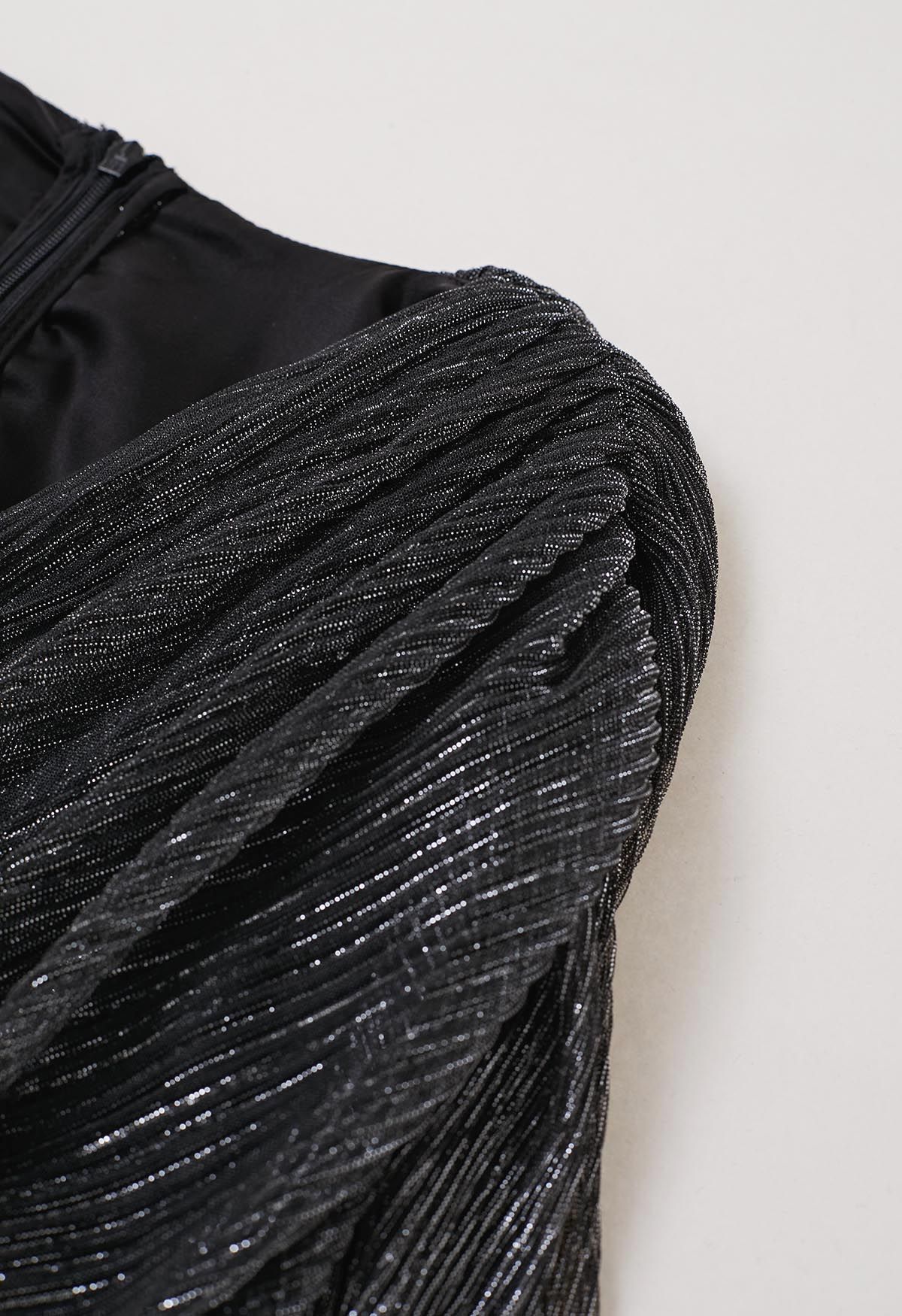 Elegantes funkelndes, gerüschtes Mesh-Cocktailkleid in Schwarz