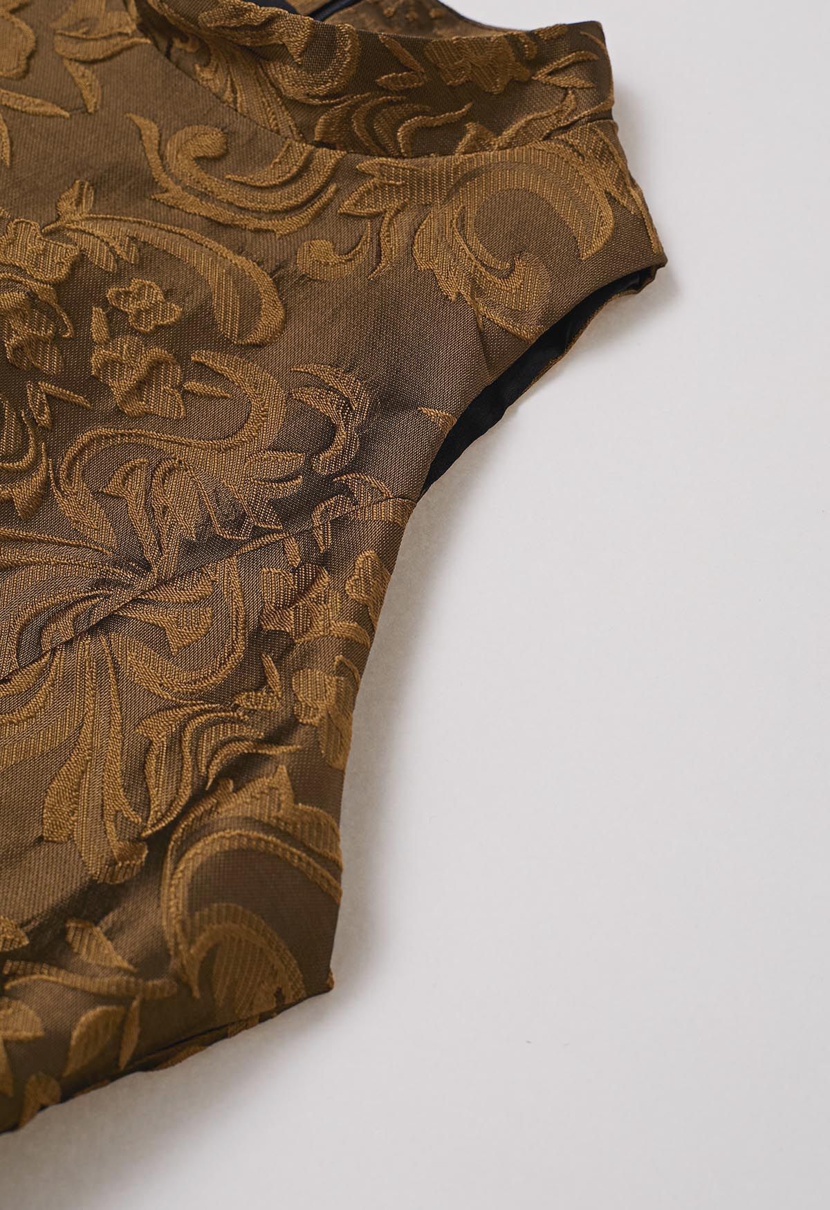 Prächtiges ärmelloses Jacquard-Kleid mit Blumenmuster in Bronze