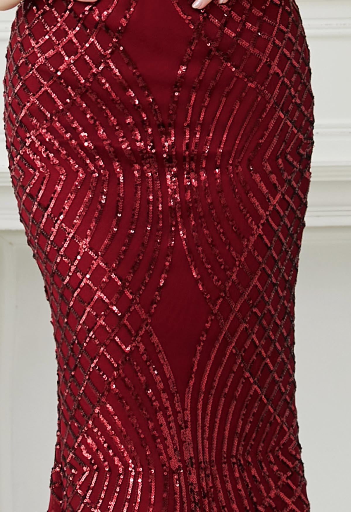 Opulentes Meerjungfrauenkleid mit geometrischen Pailletten in Rot