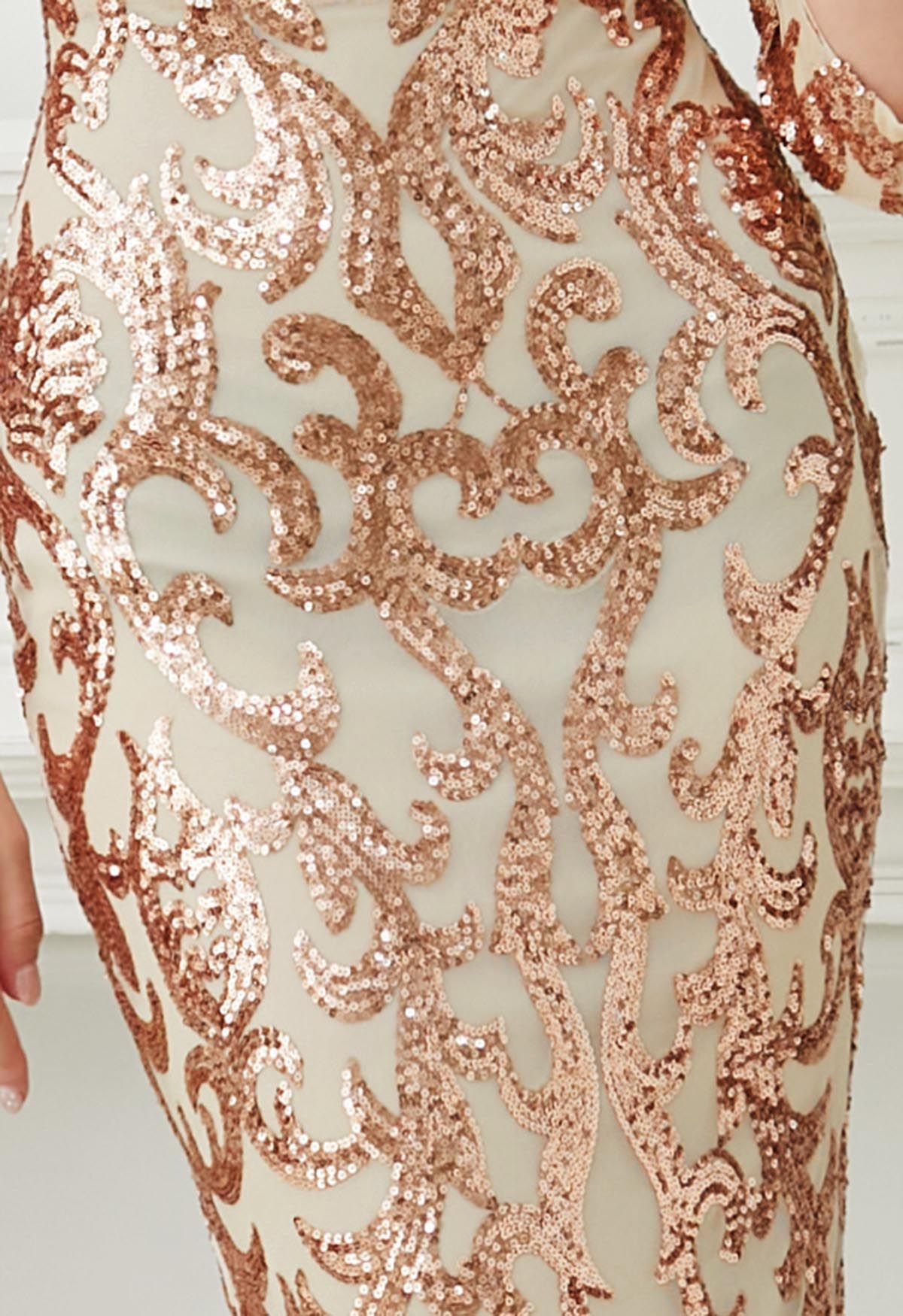 Meerjungfrauenkleid aus Netzstoff mit V-Ausschnitt und Pailletten im Barock-Stil in Gold