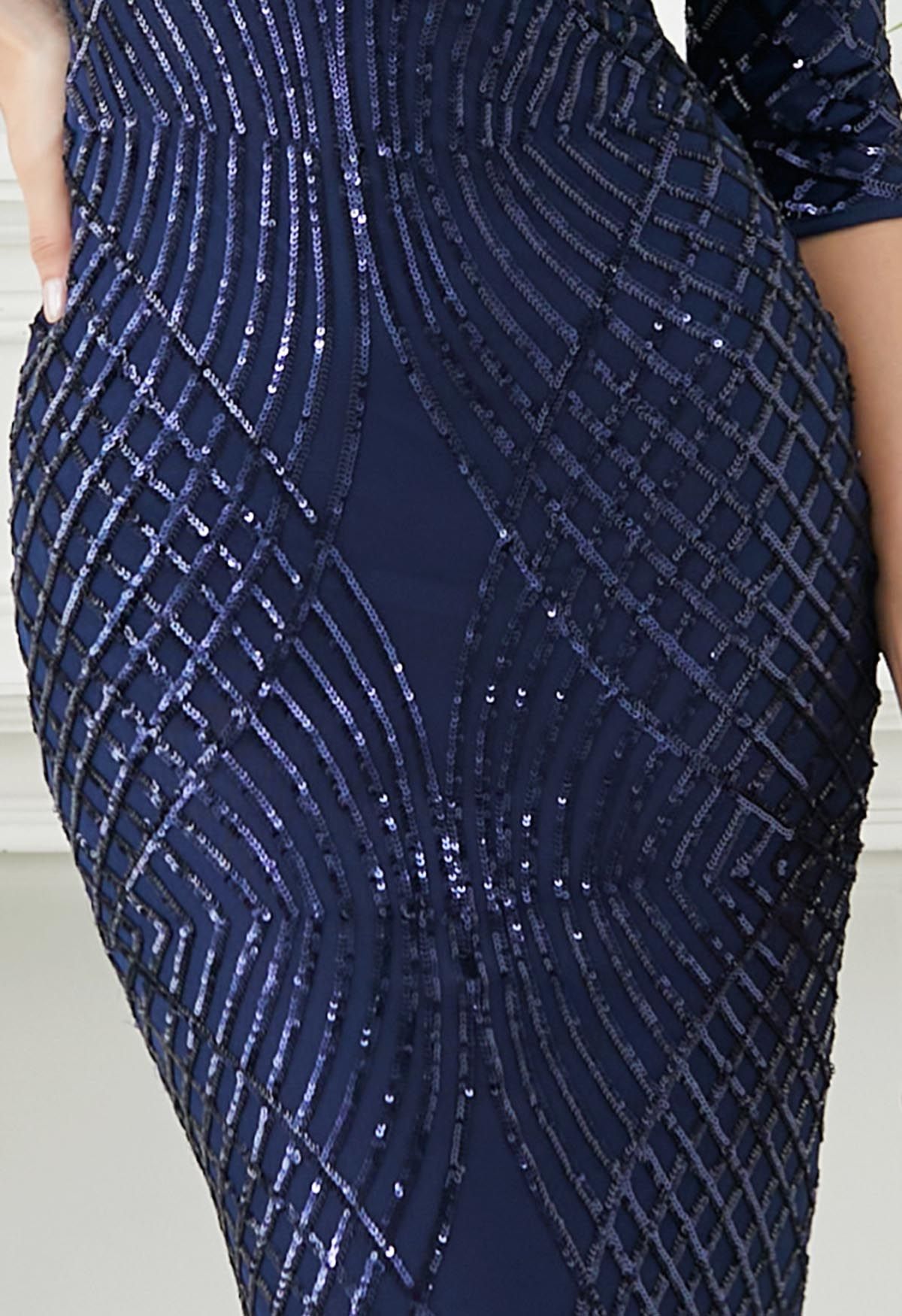 Opulentes Meerjungfrauenkleid mit geometrischen Pailletten in Marineblau