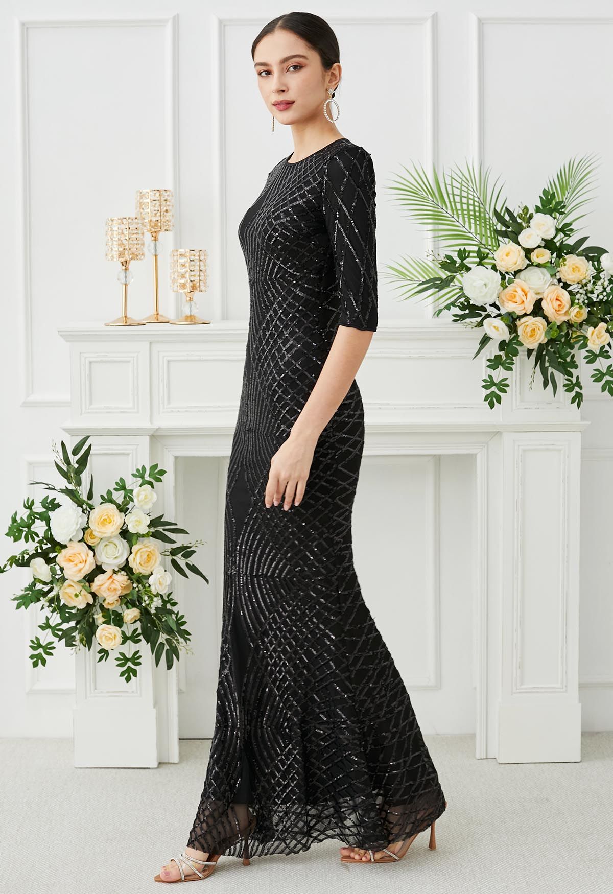 Opulentes Meerjungfrauenkleid mit geometrischen Pailletten in Schwarz