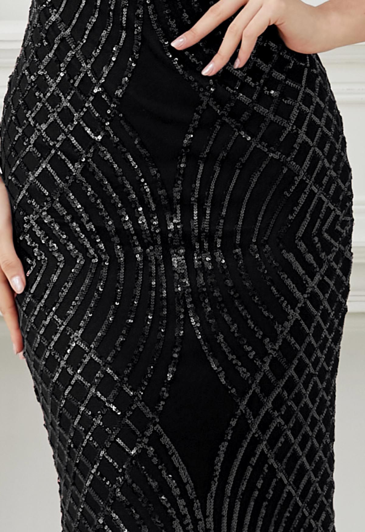 Opulentes Meerjungfrauenkleid mit geometrischen Pailletten in Schwarz