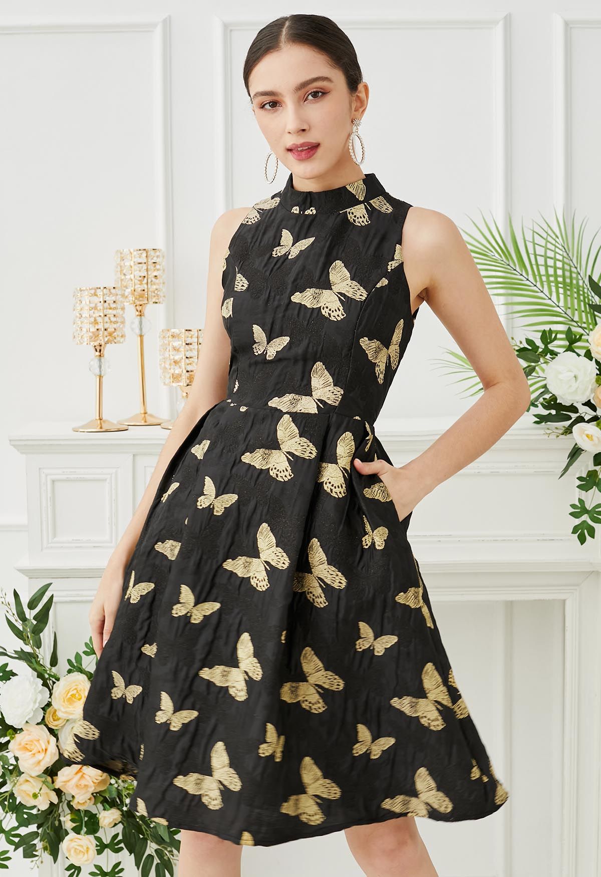 Exquisites ärmelloses Jacquardkleid mit Schmetterlingsmuster