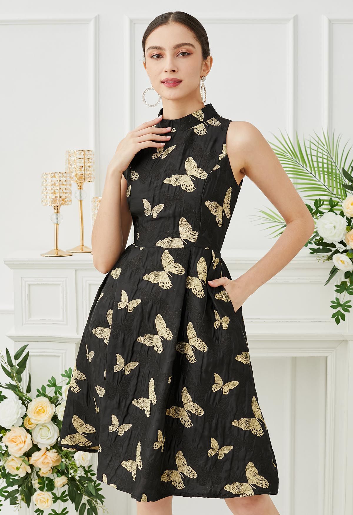 Exquisites ärmelloses Jacquardkleid mit Schmetterlingsmuster