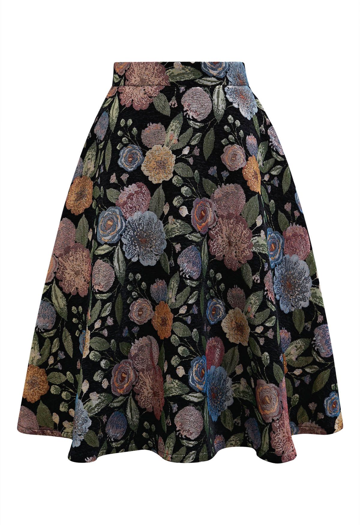 Jacquard-Midirock in A-Linie mit Blumenmuster und Fairy Garden-Motiv